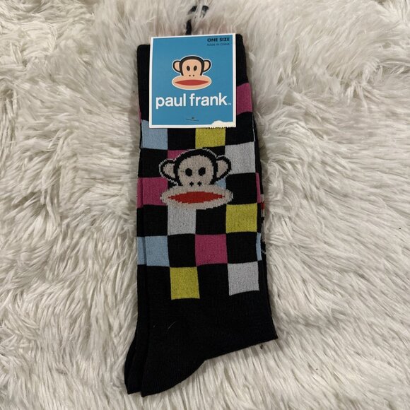 Paul Frank Monkey logo 7-12 crew socks Julius Check NEW - Picture 1 of 4